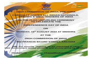 High Commission of India, Pretoria will be celebrating the 76th Independence  Day of India on 15th August, 2022